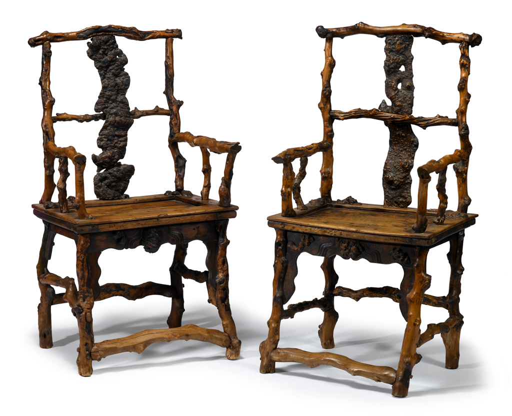Lot 115 - Pair of unusual Chinese rootwood armchairs