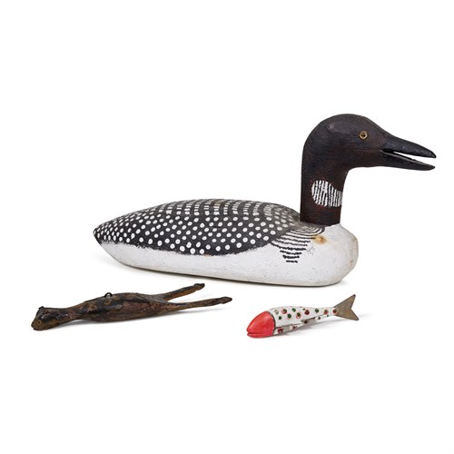 Lot 243 - Group of decoys: loon, fish and frog