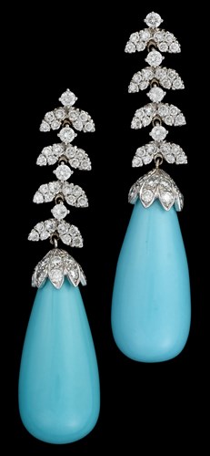 Lot 33 - 18 karat white gold, turquoise and diamond earrings