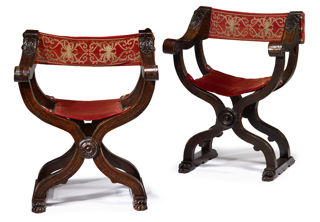 Lot 272 - Pair of Italian renaissance style parquetry inlaid walnut folding or 'Dante' chairs