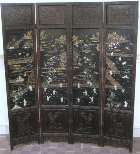 Lot 60 - Chinese four-panel hardwood, lacquer and applied mineral floor screen