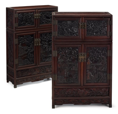 Lot 22 - Rare pair of wire-inlaid zitan, huanghuali and mixed hardwood table cabinets