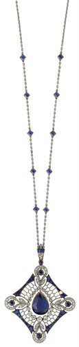 Lot 56 - Art Nouveau platinum, yellow gold sapphire and diamond pendant necklace