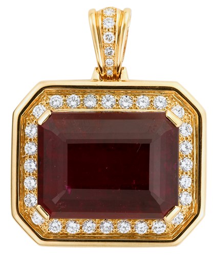 Lot 36 - Impressive 18 karat yellow gold, diamond, rubellite and diamond pendant, W. Kalich