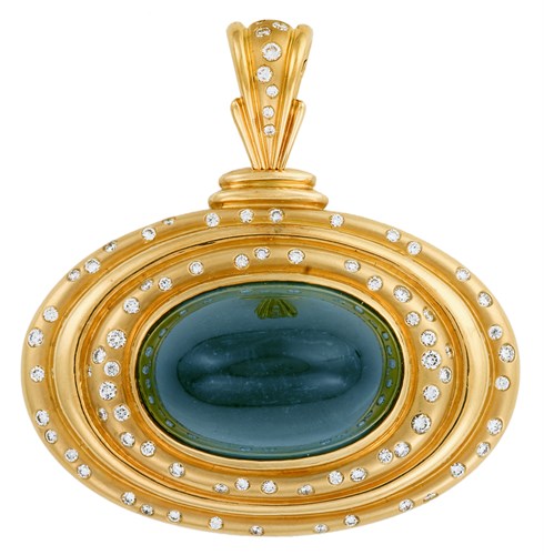 Lot 13 - 18 karat yellow gold, blue tourmaline and diamond pendant, W. Kalich