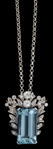 Lot 91 - 14 karat white gold aquamarine and diamond pendant