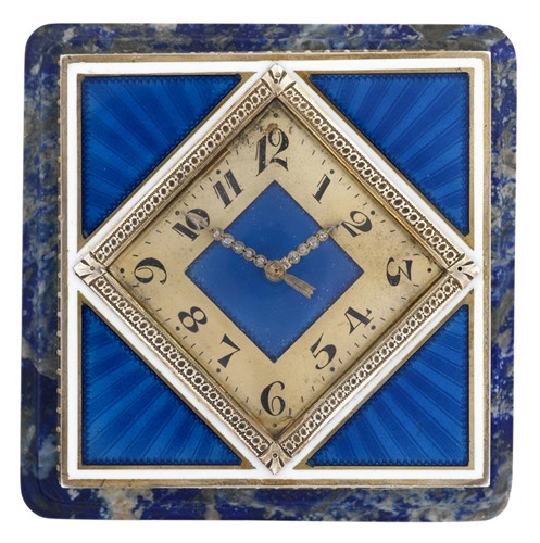 Lot 54 - Silver, lapis and enameled desk clock, Haas Neveux & Co.