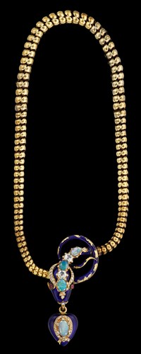 Lot 86 - Victorian gold tone diamond, opal, ruby and enamel 'snake' necklace