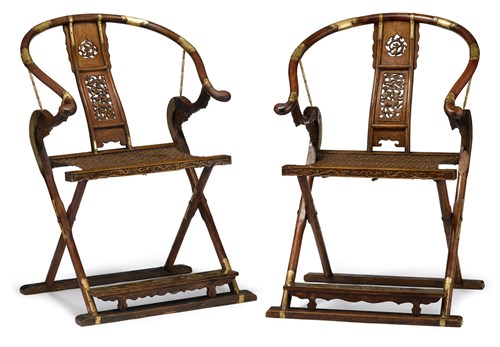Lot 33 - Pair of Chinese huanghuali folding horseshoe chairs