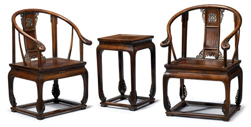Lot 34 - Pair of Chinese carved huanghuali horseshoe back chairs and tea table