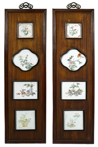 Lot 53 - Pair of Chinese inset porcelain and wood wall plaques