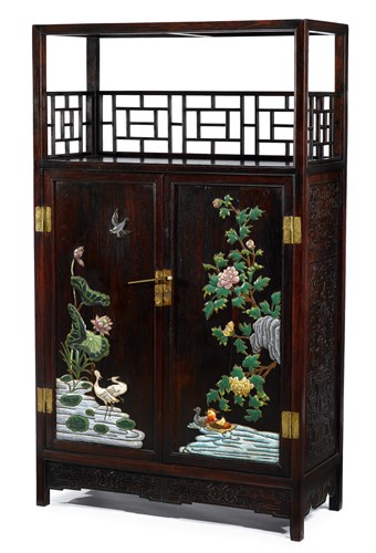 Lot 56 - Chinese hardwood and cloisonne'-inset cabinet