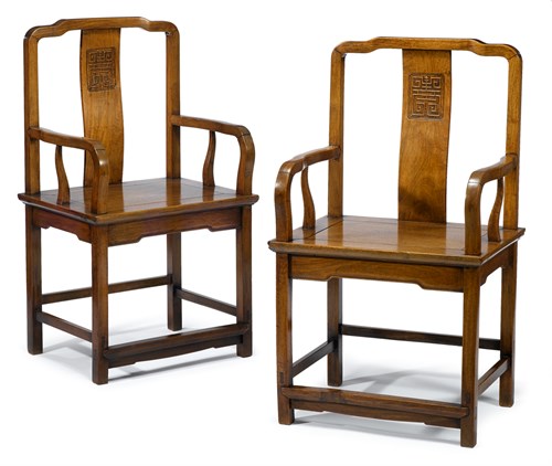 Lot 21 - Fine pair of Chinese huanghuali and mixed hardwood armchairs