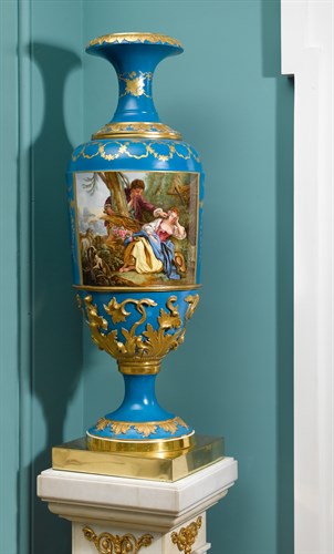 Lot 177 - Pair of Russian hand-painted and gilt decorated blue ground vases