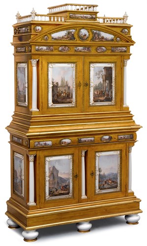 Lot 1 - Very fine gilt metal mounted Meissen porcelain and giltwood secretaire cabinet