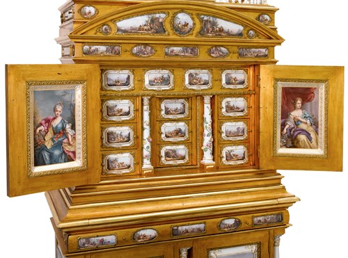 Lot 1 - Very fine gilt metal mounted Meissen porcelain and giltwood secretaire cabinet