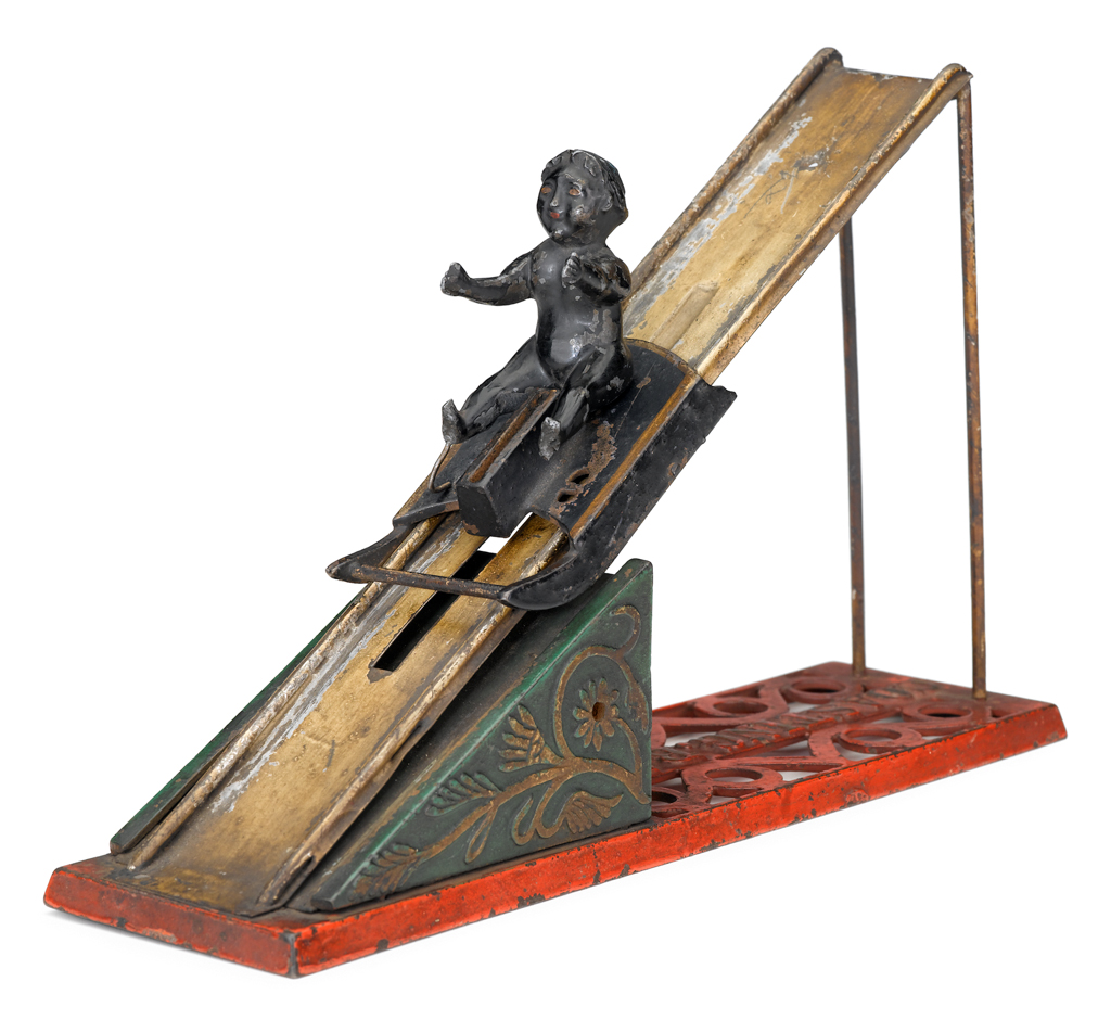 Lot 285 - An extremely rare painted cast iron and lead mechanical "Coasting Bank"