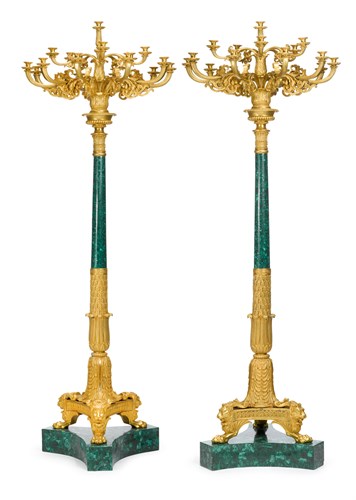 Lot 41 - Monumental pair of Empire style gilt bronze and malachite fifteen-light torchères