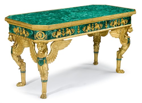 Lot 43 - Impressive Empire style gilt metal mounted and malachite veneered center table