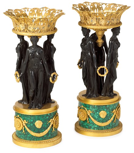 Lot 42 - Large pair of  Empire style gilt and patinated bronze and malachite jardinières