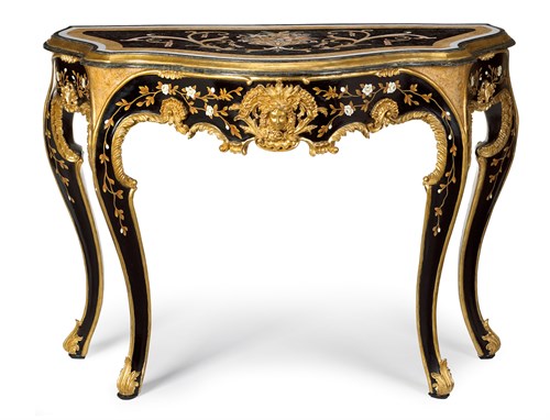 Lot 5 - Italian pietra dura inlaid ebonized and gilt painted marble top console table