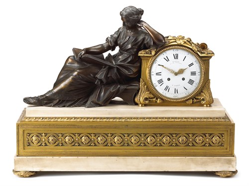 Lot 2 - Louis XVI style gilt and patinated bronze and white marble "Pendule A La Geoffrin" mantle clock