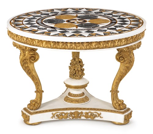 Lot 39 - Empire style pietra dura inlaid marble and giltwood center table