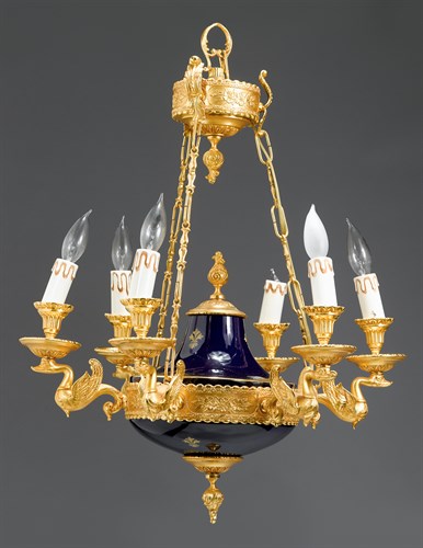 Lot 76 - Empire style gilt bronze and cobalt ground porcelain six-arm chandelier