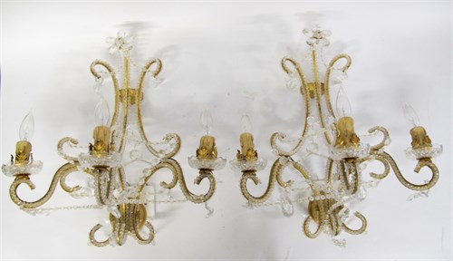Lot 90 - Set of four Venetian glass three-light sconces