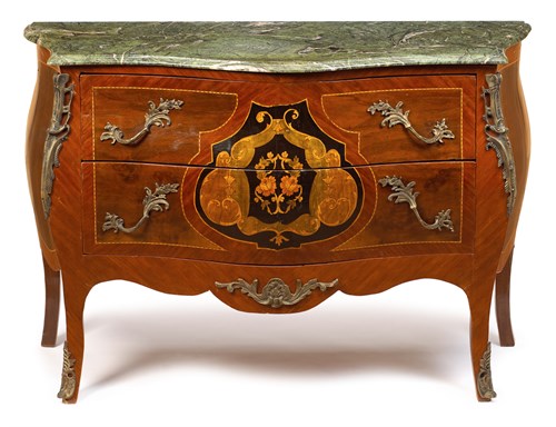 Lot 12 - Louis XV style mahogany and kingwood gilt metal mounted marble top commode