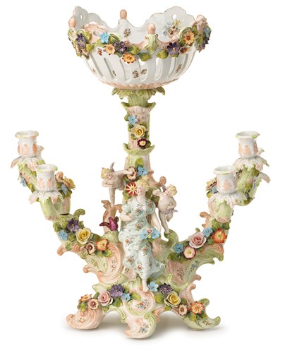 Lot 82 - Meissen style floral-encrusted porcelain two-arm six-light centerpiece candelabra