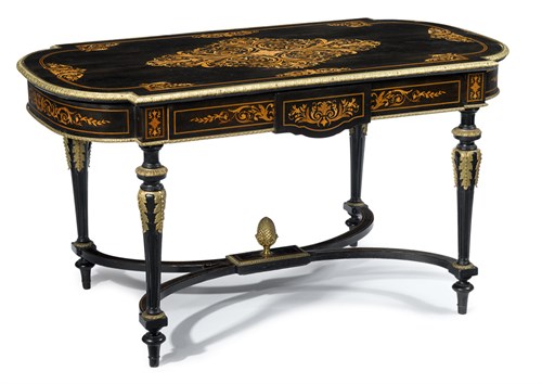 Lot 8 - Napoleon III marquetry inlaid gilt bronze mounted ebonized center table