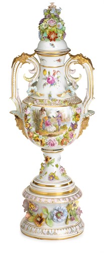Lot 83 - Dresden floral-encrusted porcelain covered urn