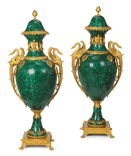 Lot 44 - Pair of large Napoleonic style malachite veneered and gilt bronze mounted covered urns