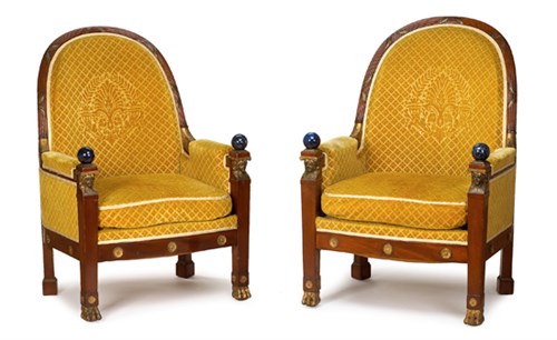 Lot 31 - Pair of Empire style mahogany, giltwood and lapis lazuli bergères