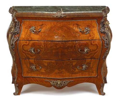Lot 15 - Louis XV style gilt metal mounted marquetry inlaid bombé commode