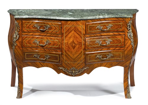 Lot 55 - Italian Louis XV style quarter-veneered kingwood gilt metal mounted marble top commode