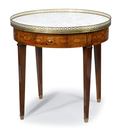 Lot 68 - Louis XVI style marble top marquetry inlaid gueridon