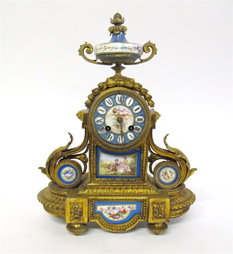 Lot 78 - Louis XVI style gilt bronze and Sèvres style porcelain inset mantle clock