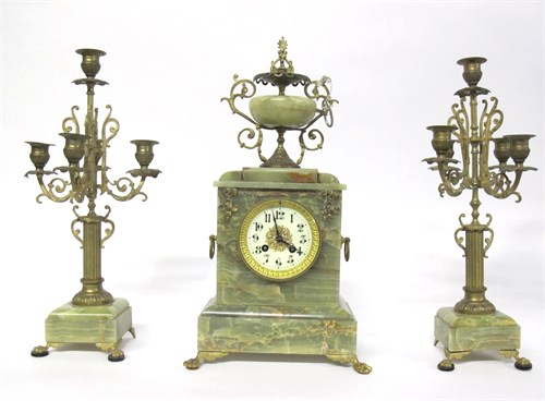 Lot 47 - French gilt metal mounted onyx mantel clock garniture