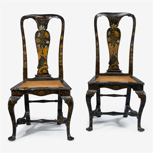 Lot 175 - Pair of Queen Anne japanned gilt decorated side chairs