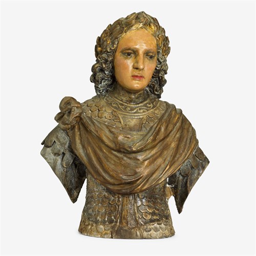 Lot 6 - Italian parcel gilt and polychrome wooden bust of St. Michael