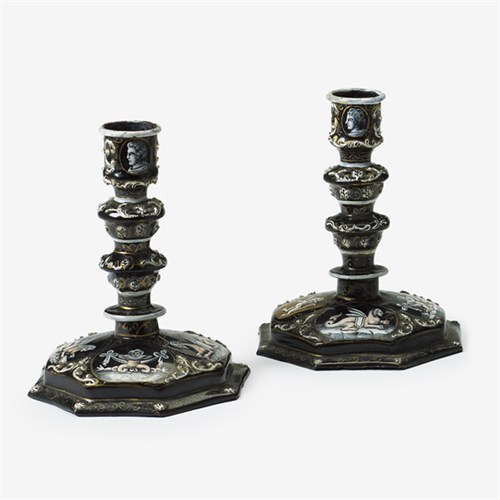 Lot 1 - Pair of Limoges grisaille enamel candlesticks