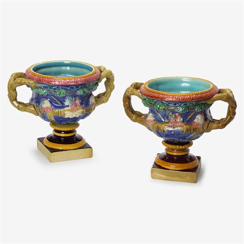 Lot 114 - Two miniature Copeland majolica vases
