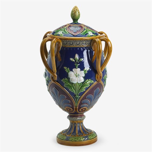 Lot 79 - Minton majolica four-handled vase and cover