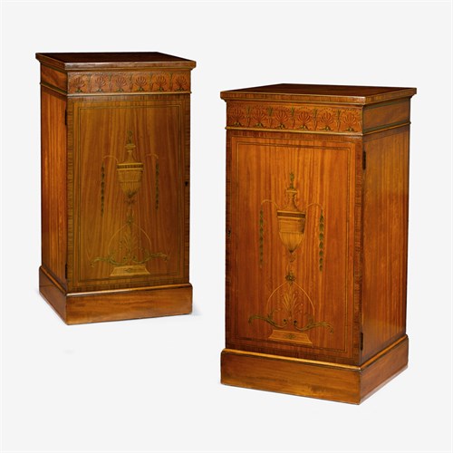 Lot 142 - Fine pair of George III style satinwood and rosewood marquetry inlaid pedestal cabinets