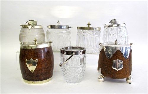 Lot 168B - Seven English glass and silverplate biscuit jars