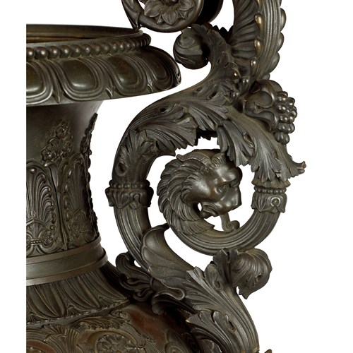 Lot 210 - Monumental Napoleon III bronze twin handled urn on rouge griotte marble pedestal