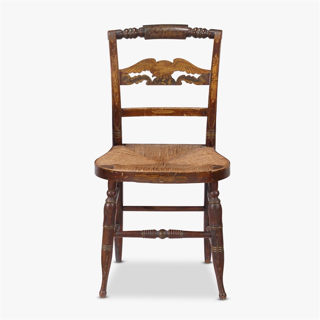 Lot 11 - Rosewood grain painted and gilt-stenciled rush seat fancy chair