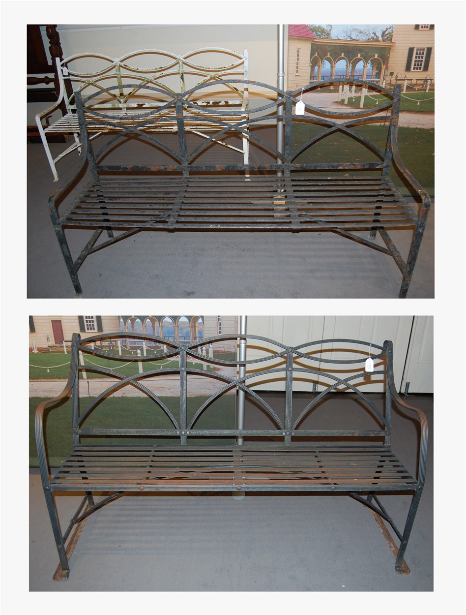Lot 67 - Group of three painted Regency-style strapwork iron benches